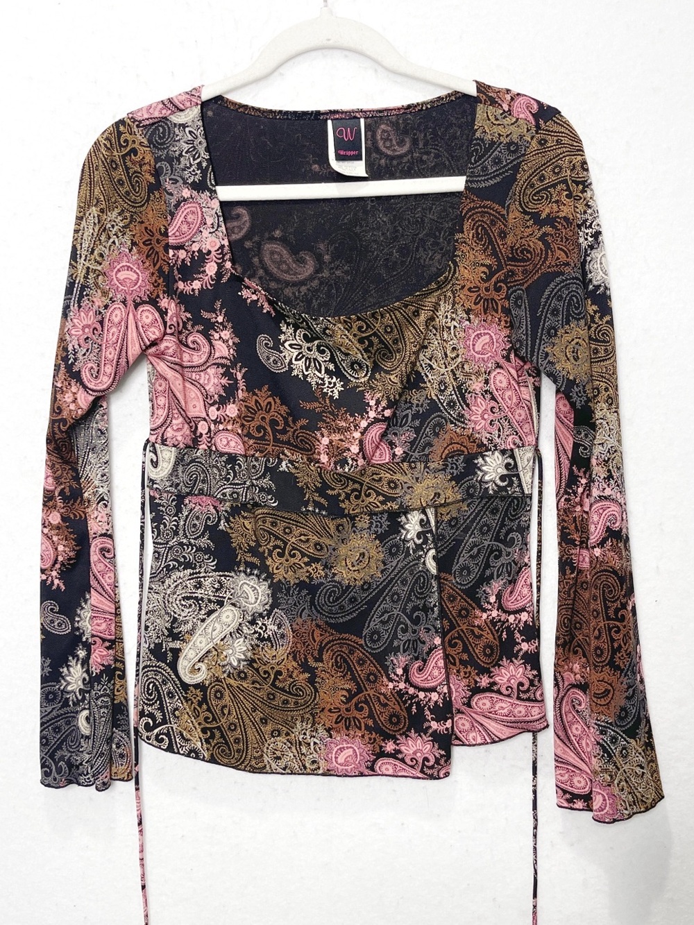 Wrapper Paisley Bell Sleeve Top Medium Black Pink Boho Y2K Wrap Tie Stretch
